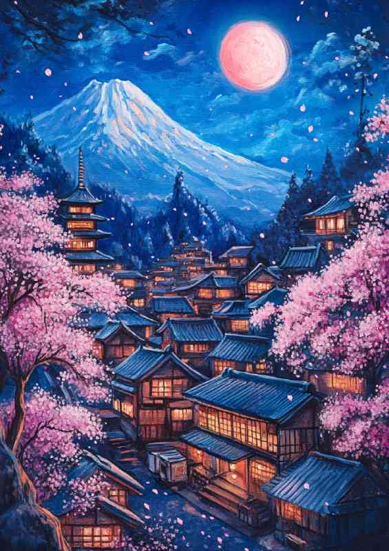 Japanese village with cherry blossoms sakura tree | Di-Bond