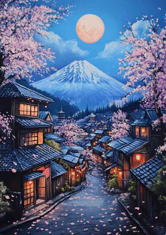 Japanese village with cherry blossoms sakura tree and mountain | Di-Bond