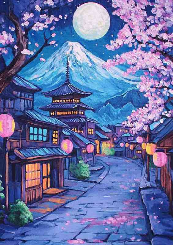 Japanese village with the mount fuji and cherry blossoms sakura tree | Metal Poster