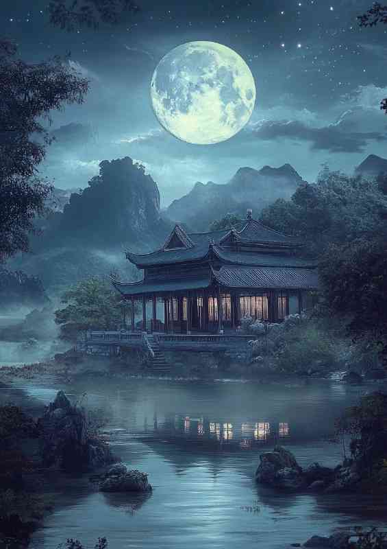 Night sky there is an oversized blue moon hanging | Canvas