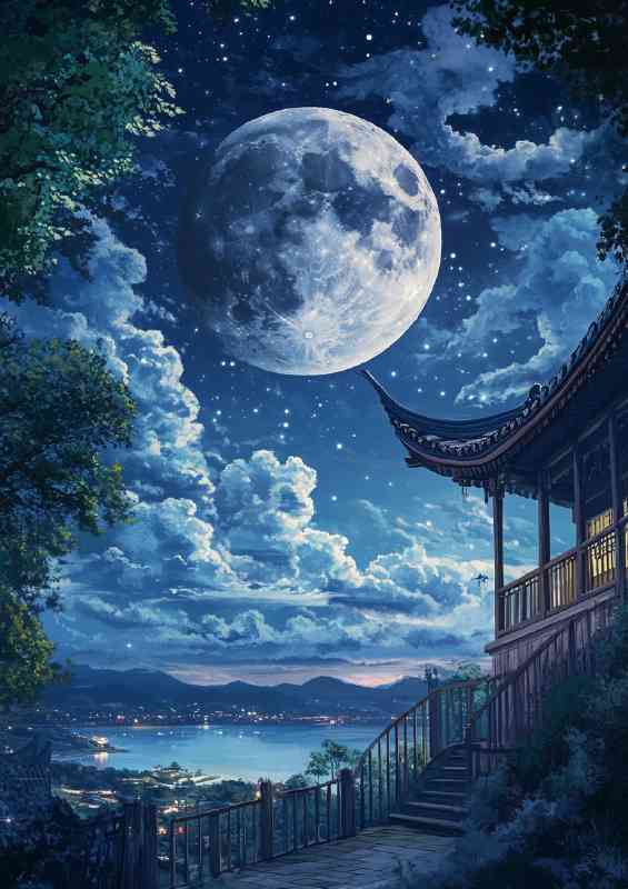 Night sky there is an oversized moon hanging | Poster