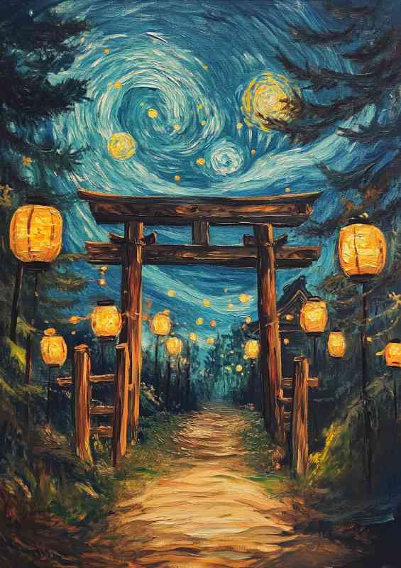 Oil painting of the starry night but with Japanese | Poster