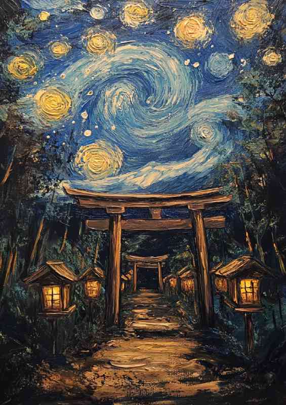 Painting of the starry night but with Japanese lanterns | Canvas