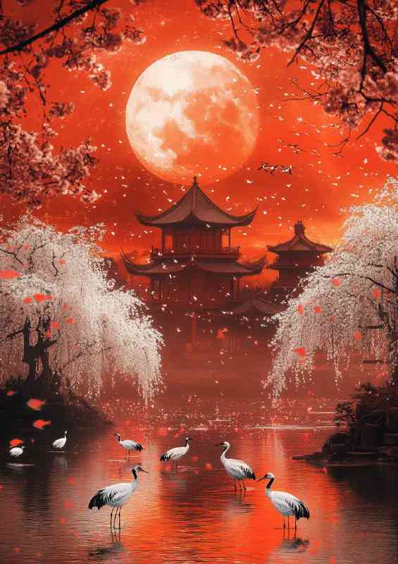 Red moon Japanese pagoda in the background white cherry blossom | Canvas