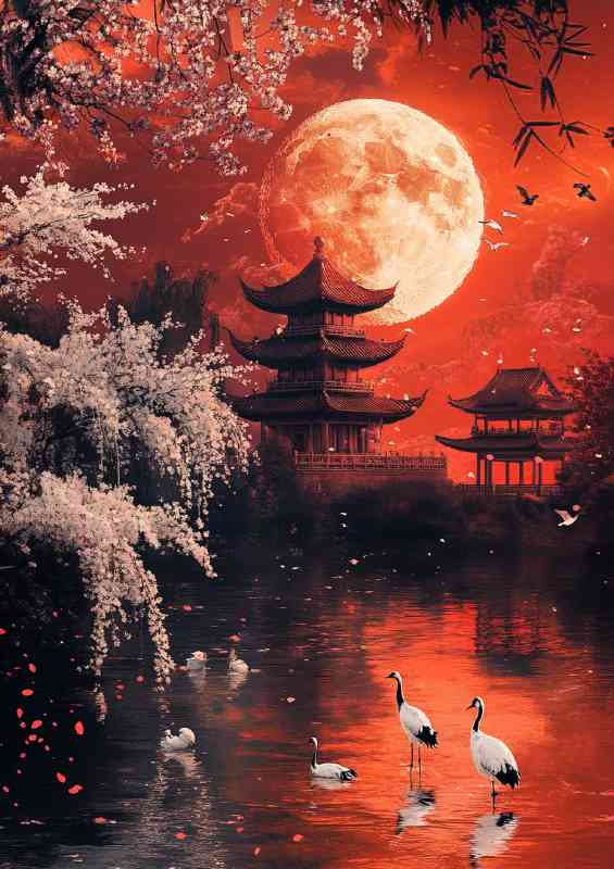 Red moon Japanese pagoda in the background white cherry blossom trees | Poster