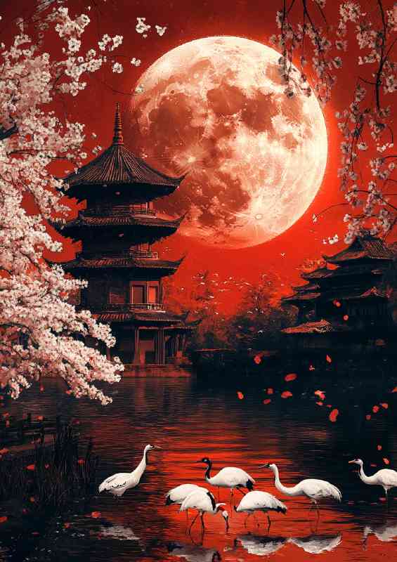 Red moon Japanese pagoda in the background white cranes | Metal Poster