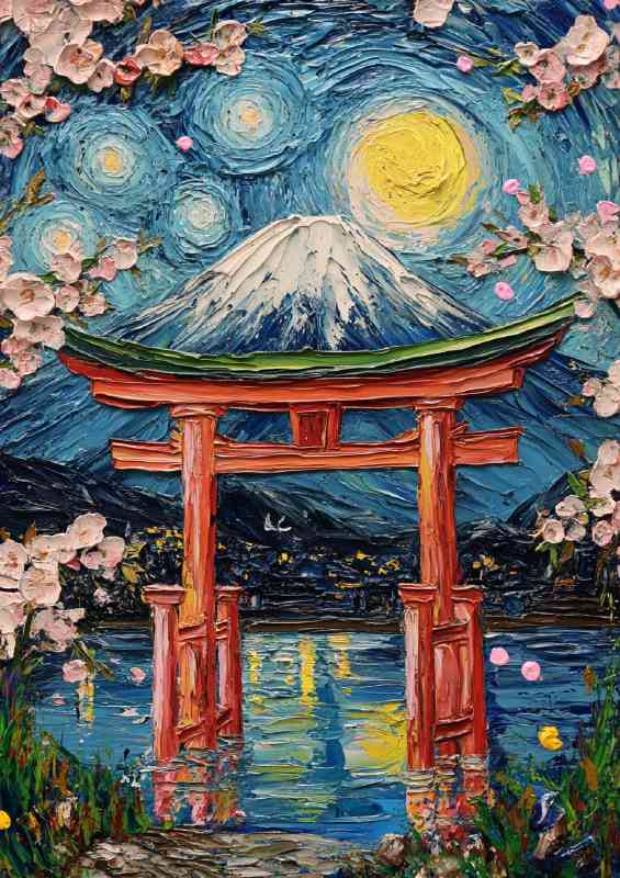 Starry Night Fuji mountain and torii in the background | Canvas