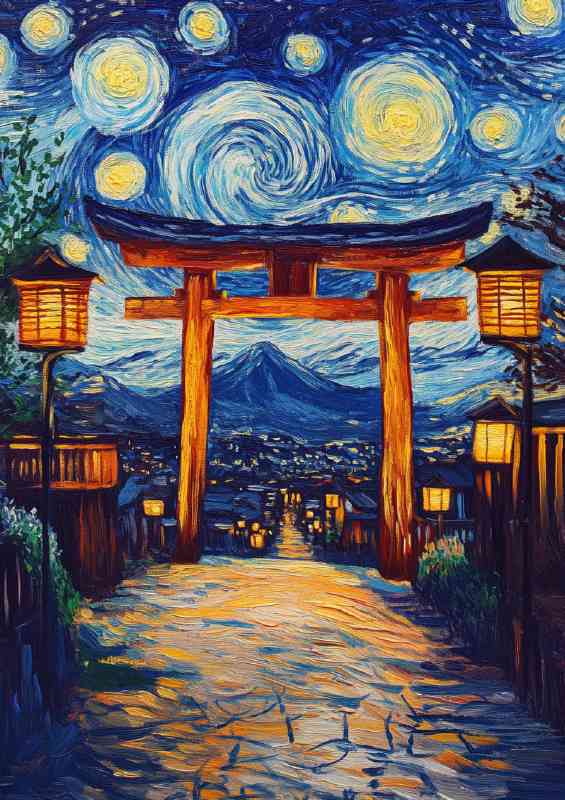 Starry night sky in the style of Van Gogh at the tori gate | Metal Poster
