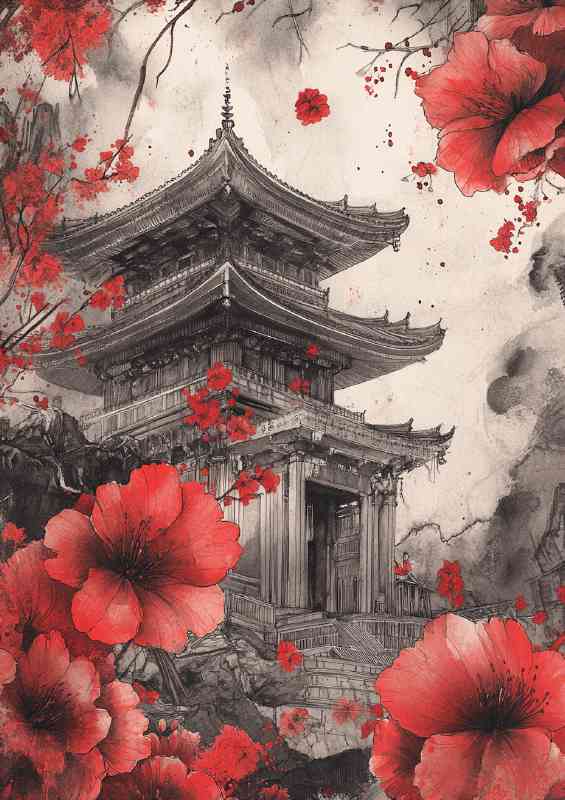 Temple in the background surrounded by red flowers | Metal Poster
