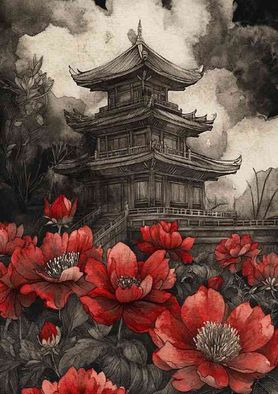 Temple in the background with red flowers | Metal Poster