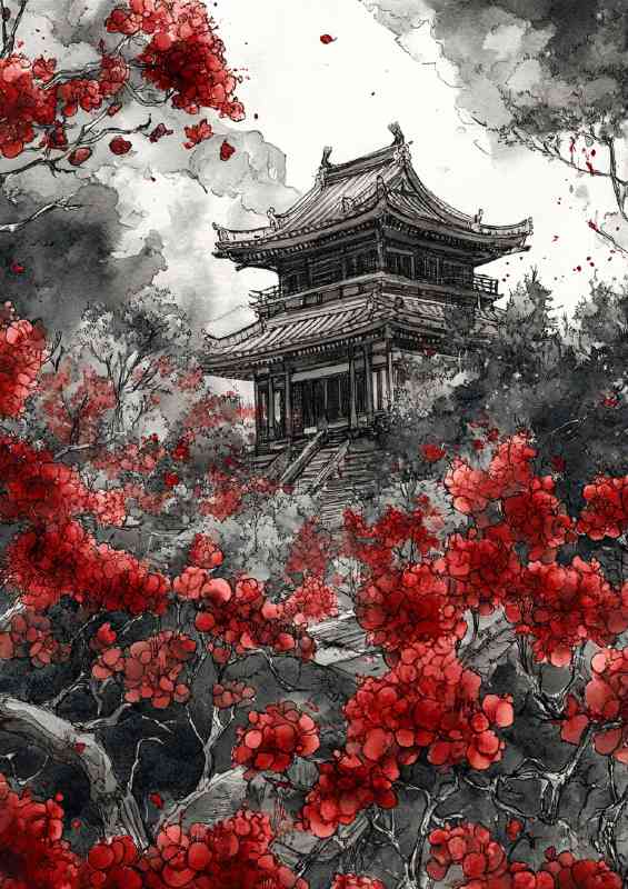 Temple surrounded by red flowers | Metal Poster