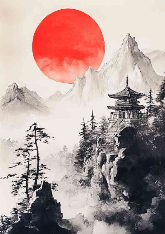 Traditional Japanese painting depicting mountains and red sun | Metal Poster