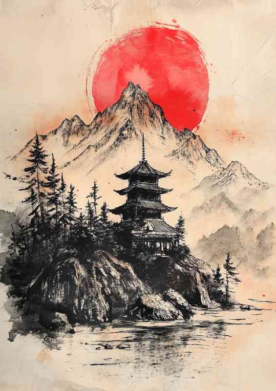Traditional Japanese painting depicting mountains art | Canvas