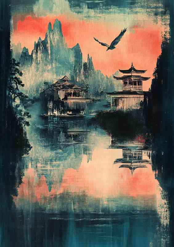 Vintage Japanese postcard lake house | Metal Poster