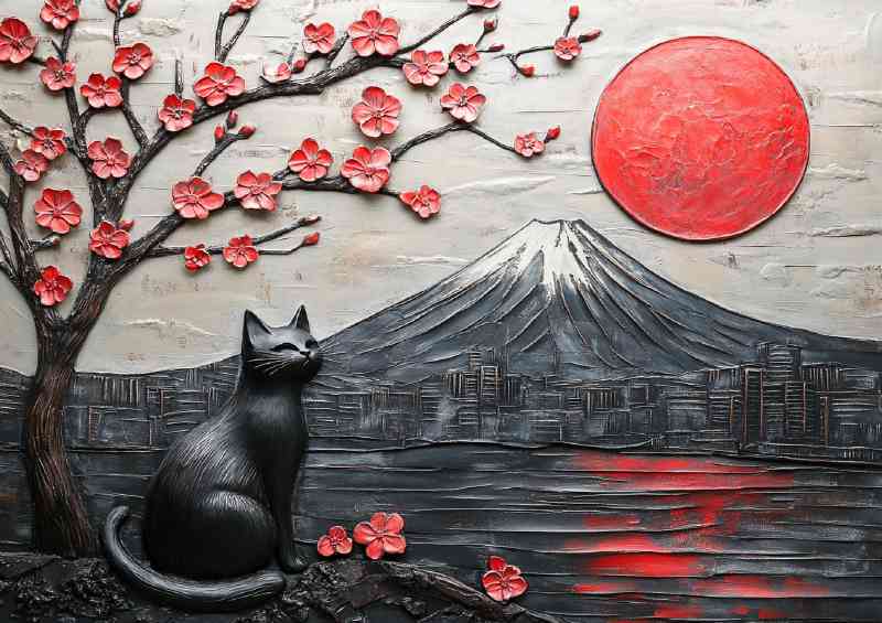 Black cat sits with Mount Fuji in Japan | Canvas