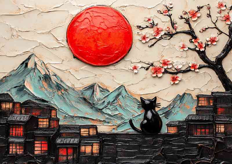 Textured painting of the red sun a black cat | Metal Poster