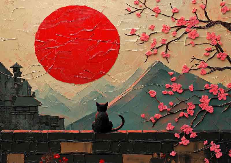 Textured painting of the red sun a black cat japan | Metal Poster