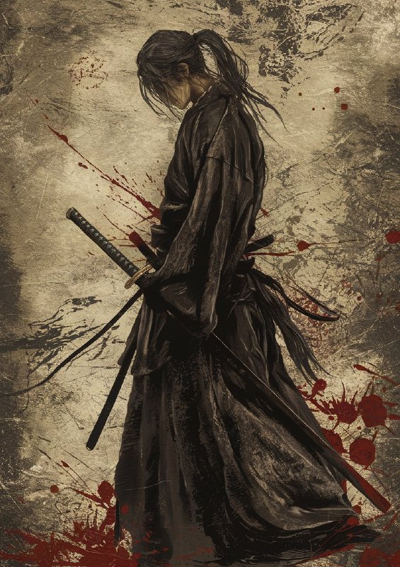 Rustic lady samurai with swords | Metal Poster