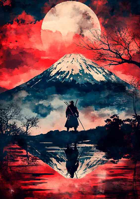 Samurai standing in front of Mount Fuji a red sky | Canvas