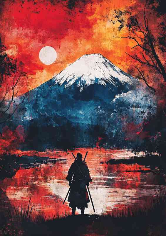 Samurai standing in front of Mount Fuji a red sky at night | Poster