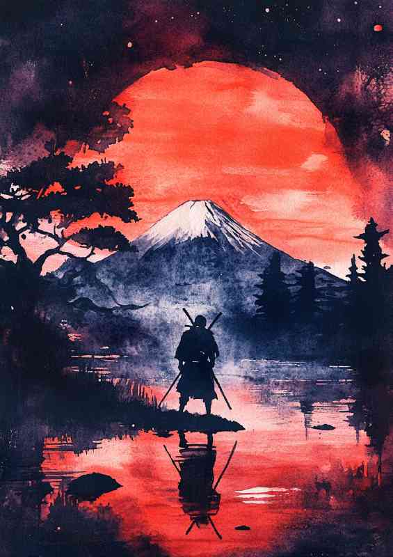 Samurai standing in front of Mount Fuji night time reflection | Metal Poster