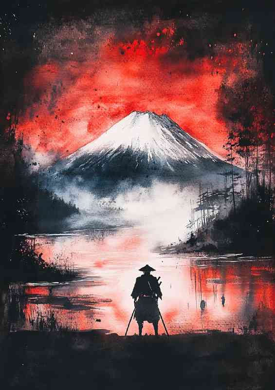 Samurai standing in front of Mount Fuji nighttime | Metal Poster