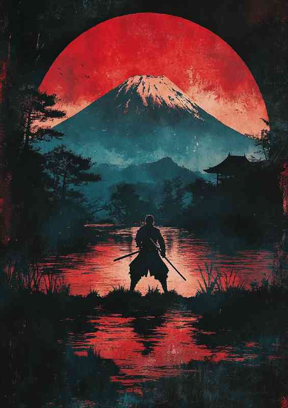Samurai standing in front of the silhouette of Mountain fuji | Canvas