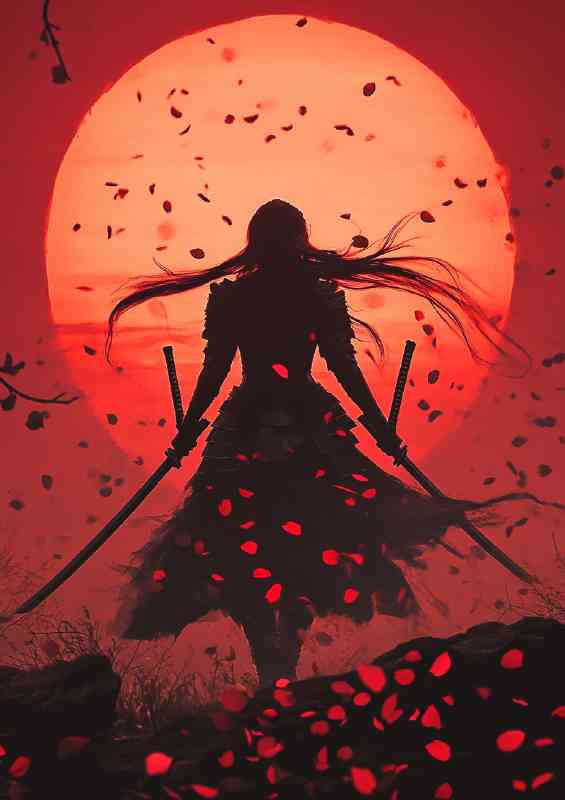 Stunning beauty is holding two swords in the distance red leaves | Canvas