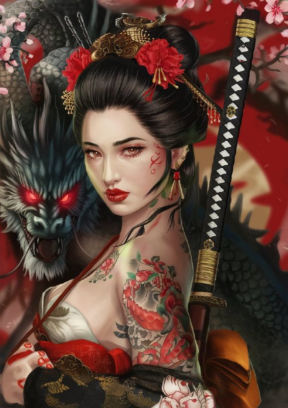 Woman adorned in traditional japanese attire holding sword | Metal Poster