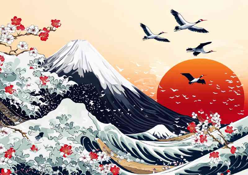 Japanese motif art of Mount Fuji waves birds flying | Metal Poster