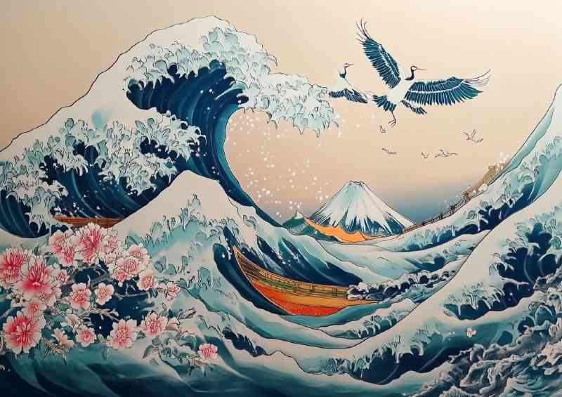 Japanese motif art of Mount Fuji with large waves | Poster