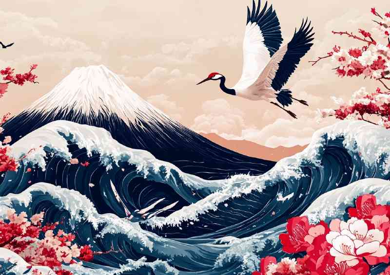 Japanese motif art of Mount Fuji with large waves crane bird | Metal Poster