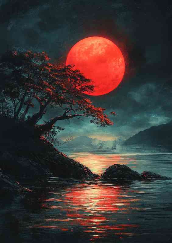 Japanese landscape dark fantasy art style colorful moon | Metal Poster