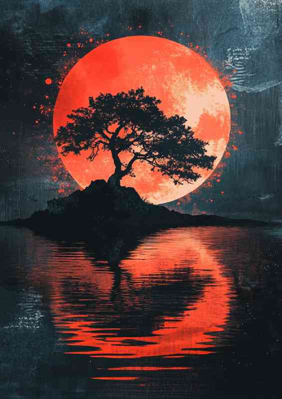 Japanese landscape dark fantasy art style colorful red moon | Metal Poster