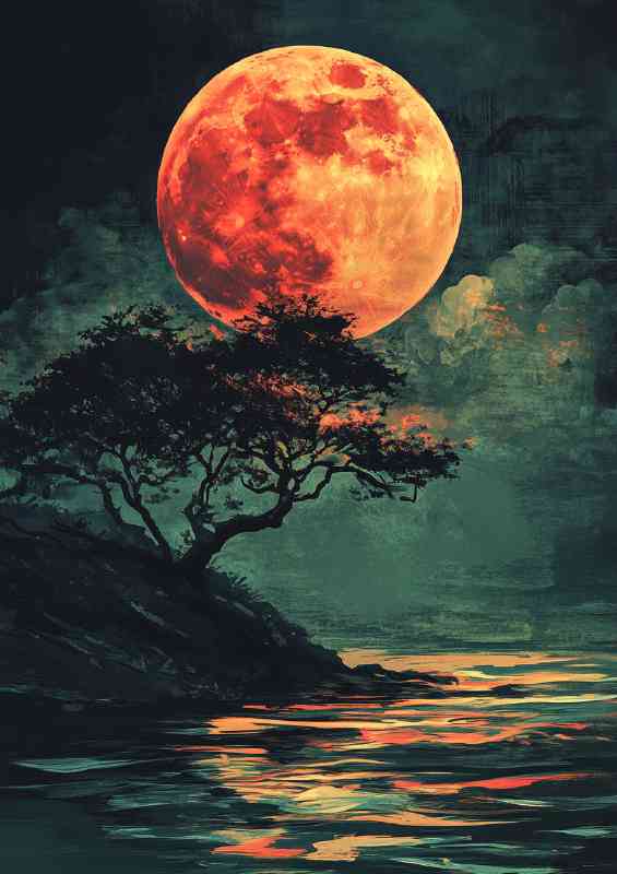 Japanese landscape dark fantasy red moon | Metal Poster