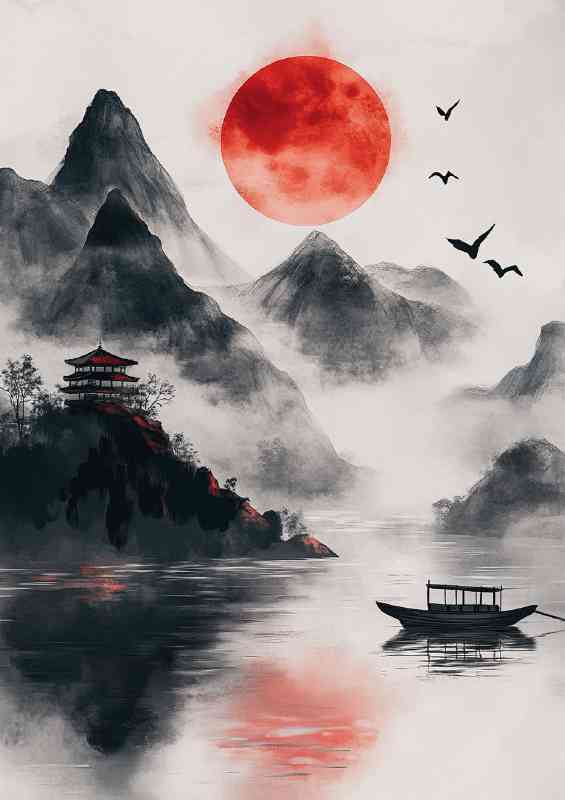 Japanese landscape with mountains boat and temple | Poster
