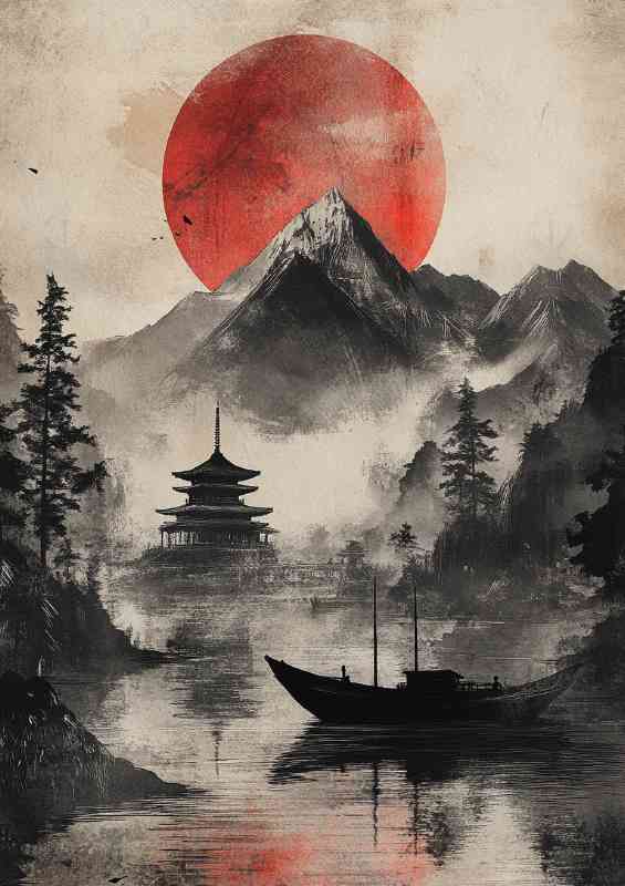 Japanese landscape with mountains red sun and a black inked | Di-Bond