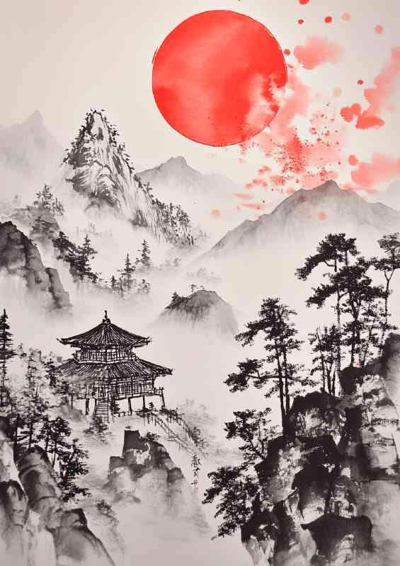 Japanese painting depicting mountains with red sun | Poster
