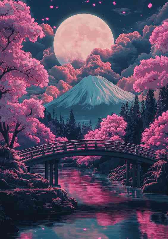Japanese scenery bridge over river with sakura tree | Metal Poster