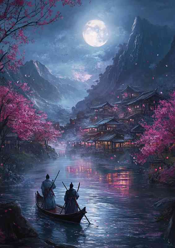 Japanese style dark fantasy landscape with cherry blossom trees moon mist | Metal Poster