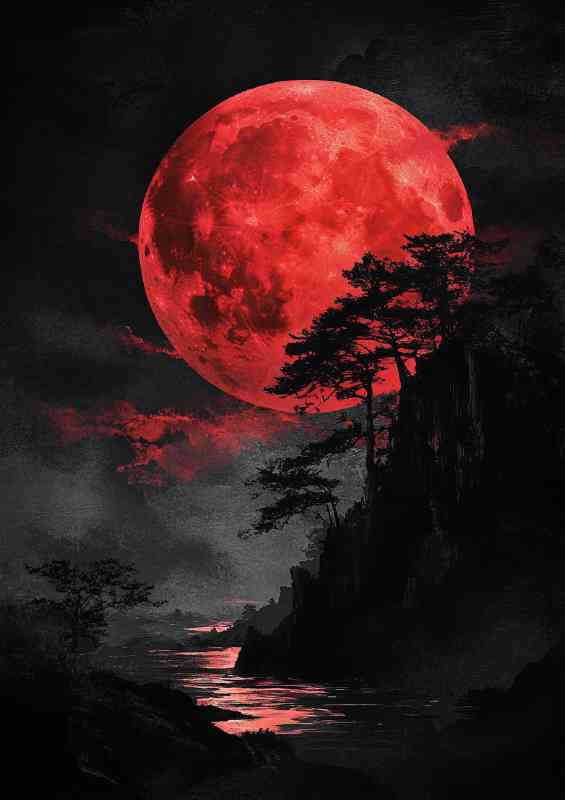 Red full moon black sky Japanese landscape dark fantasy | Di-Bond