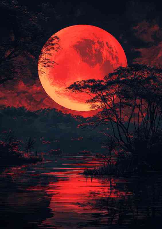 Red moon black sky Japanese landscape dark fantasy | Poster