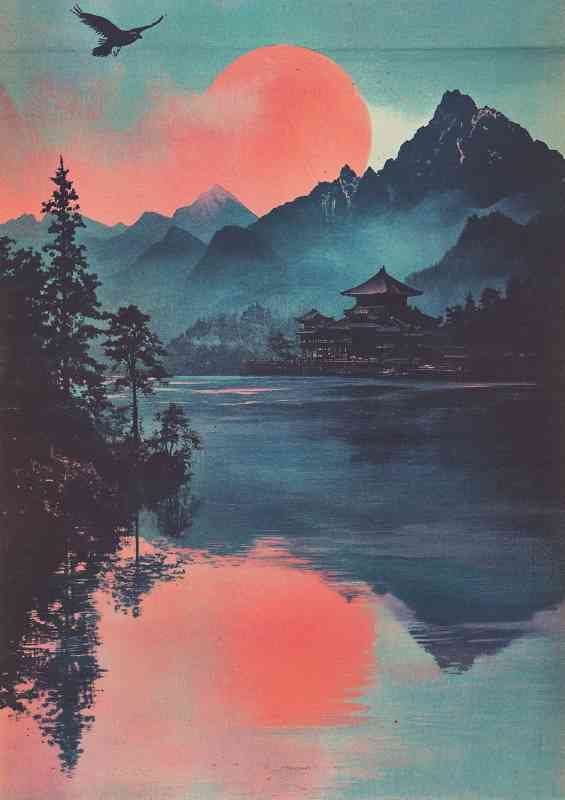 Vintage Japanese postcard mountains lake | Canvas