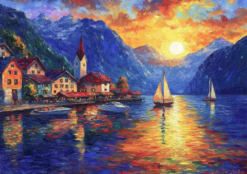 Sailing boats in the harbor of Hallstatt Austria | Metal Poster