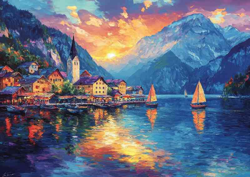 Sailing boats in the harbor of Hallstatt Austria onwa | Metal Poster