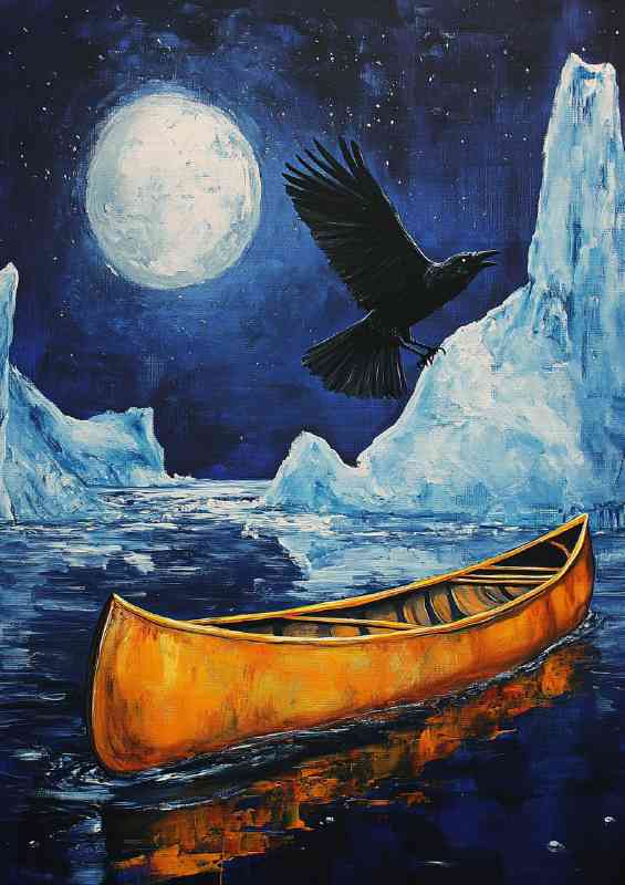Canoe floating on the water under which there is an black crow | Canvas