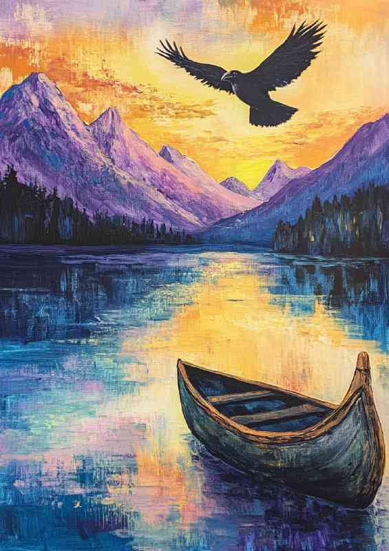 Raven flying over the lake next to it is an old wooden boat | Metal Poster