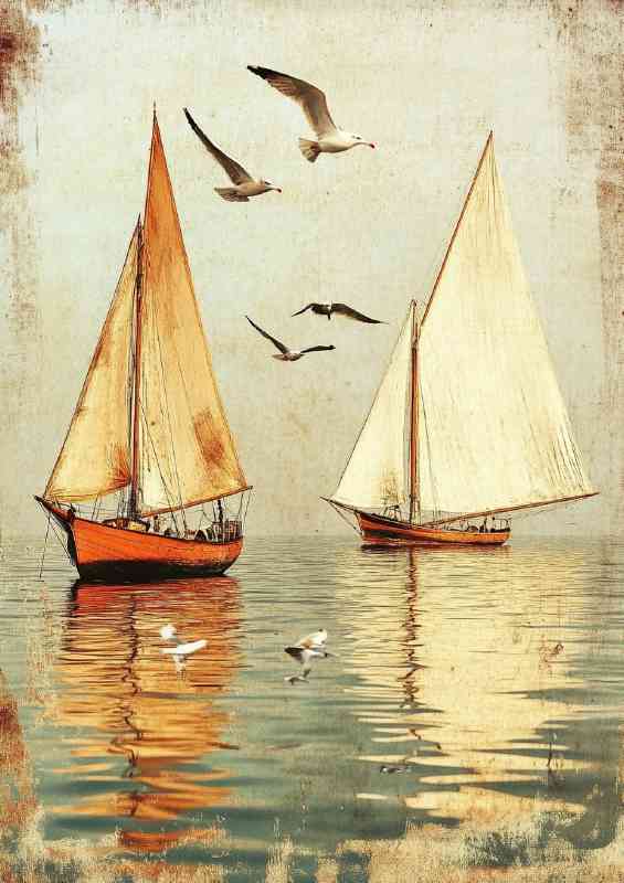 Two sailboats on the water one with white sails | Poster