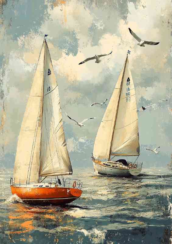 Two sailboats on the water racing each other | Metal Poster