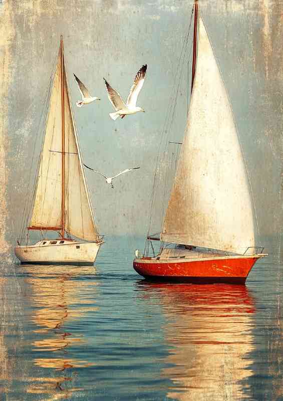 Two sailboats on the water seaguls flying high | Canvas